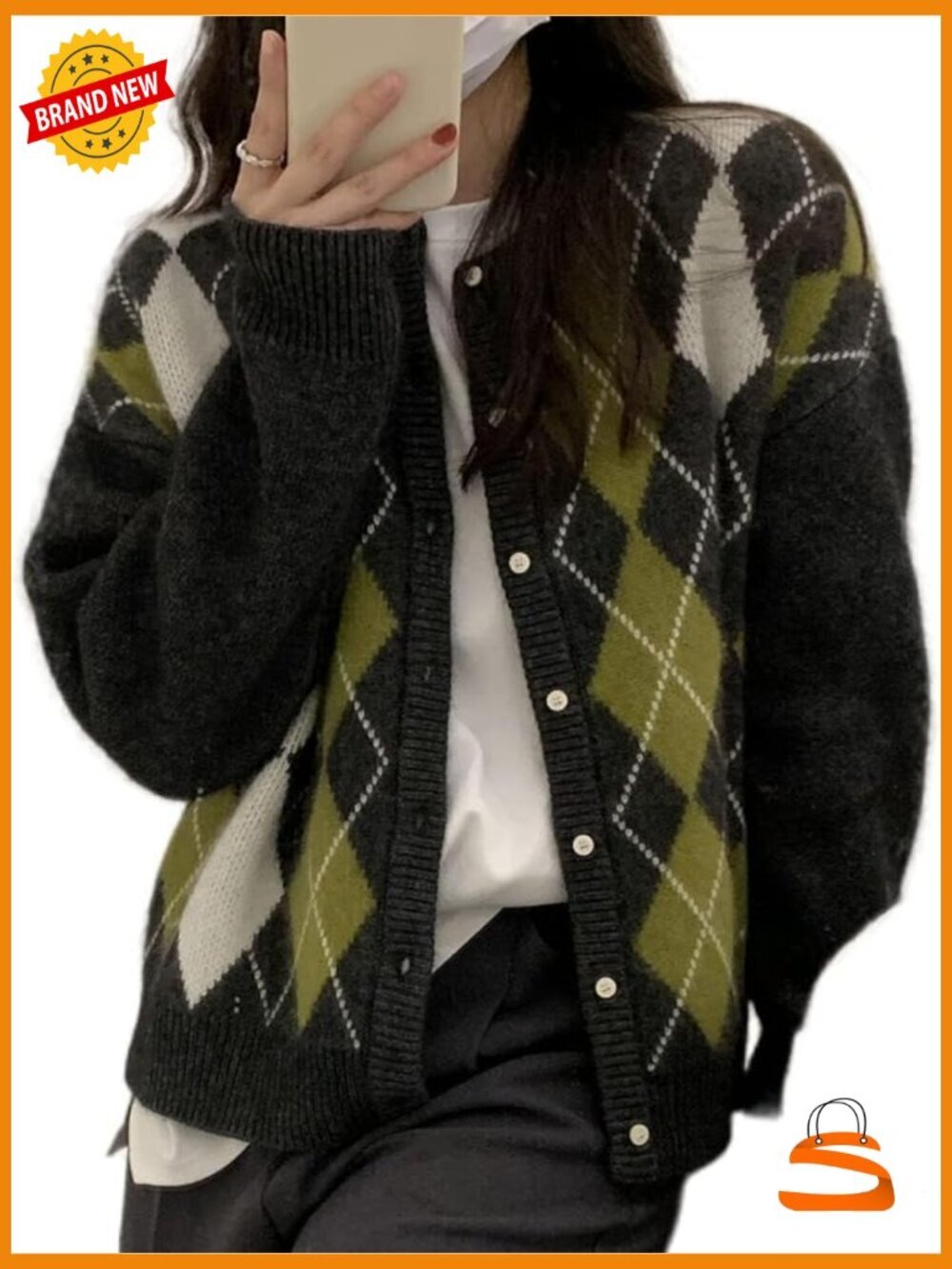 Chunky Knit Argyle Plaid Cardigan Vintage Preppy Y2K Button Down Sweater